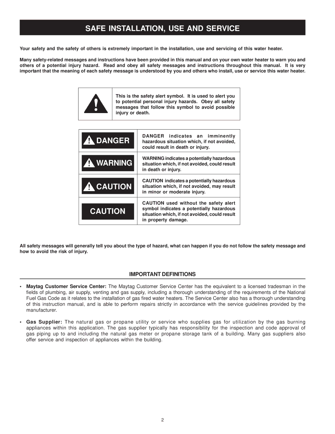 Maytag C3 manual Safe INSTALLATION, USE and Service, Important Definitions 