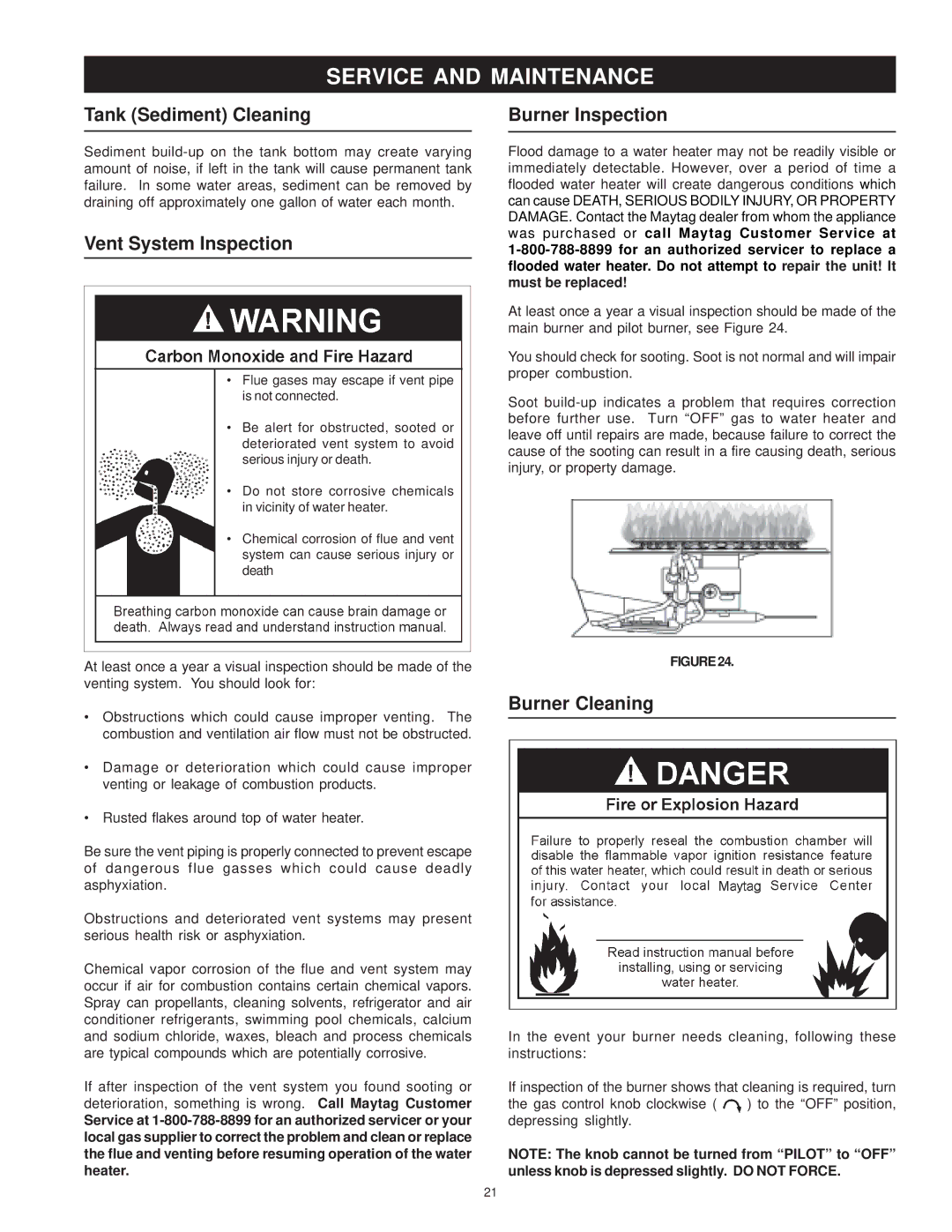 Maytag C3 Service and Maintenance, Tank Sediment Cleaning, Vent System Inspection, Burner Inspection, Burner Cleaning 