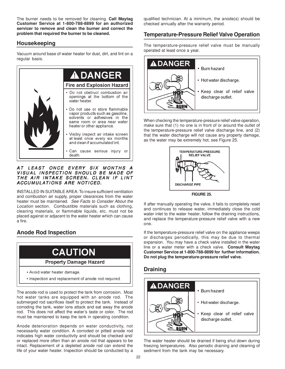 Maytag C3 manual Housekeeping, Temperature-Pressure Relief Valve Operation, Anode Rod Inspection, Draining 