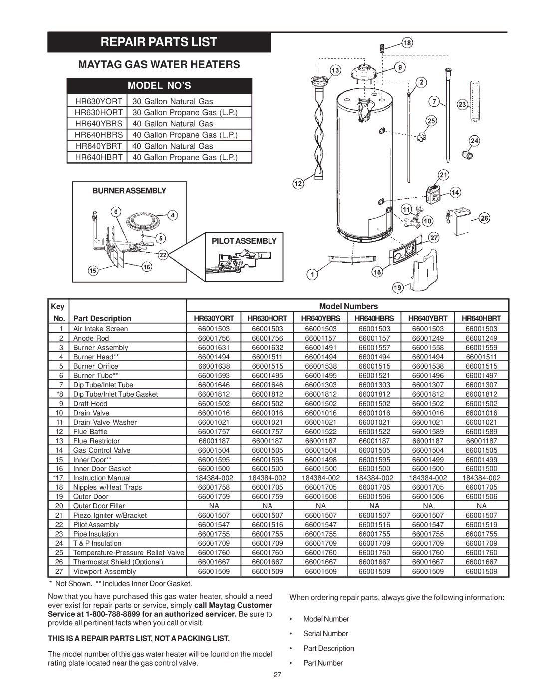 Maytag C3 Repair Parts List, Burnerassembly Pilotassembly, HR630YORT HR630HORT HR640YBRS HR640HBRS HR640YBRT HR640HBRT 