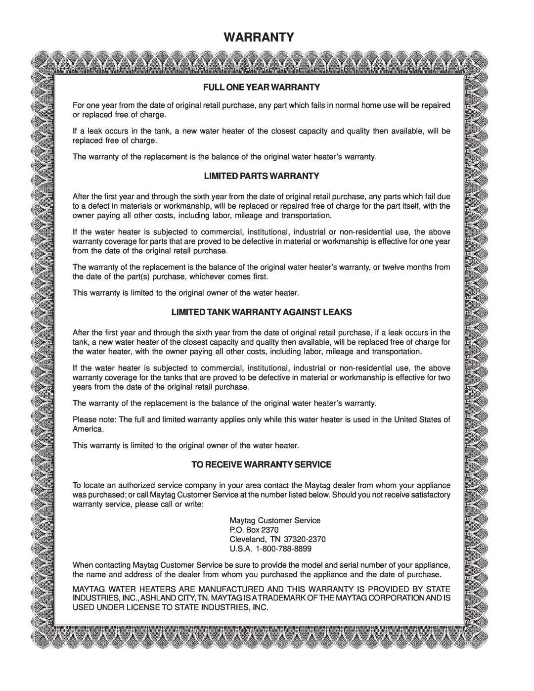 Maytag C3 manual Full One Year Warranty, Limited Parts Warranty, Limited Tank Warranty Against Leaks 