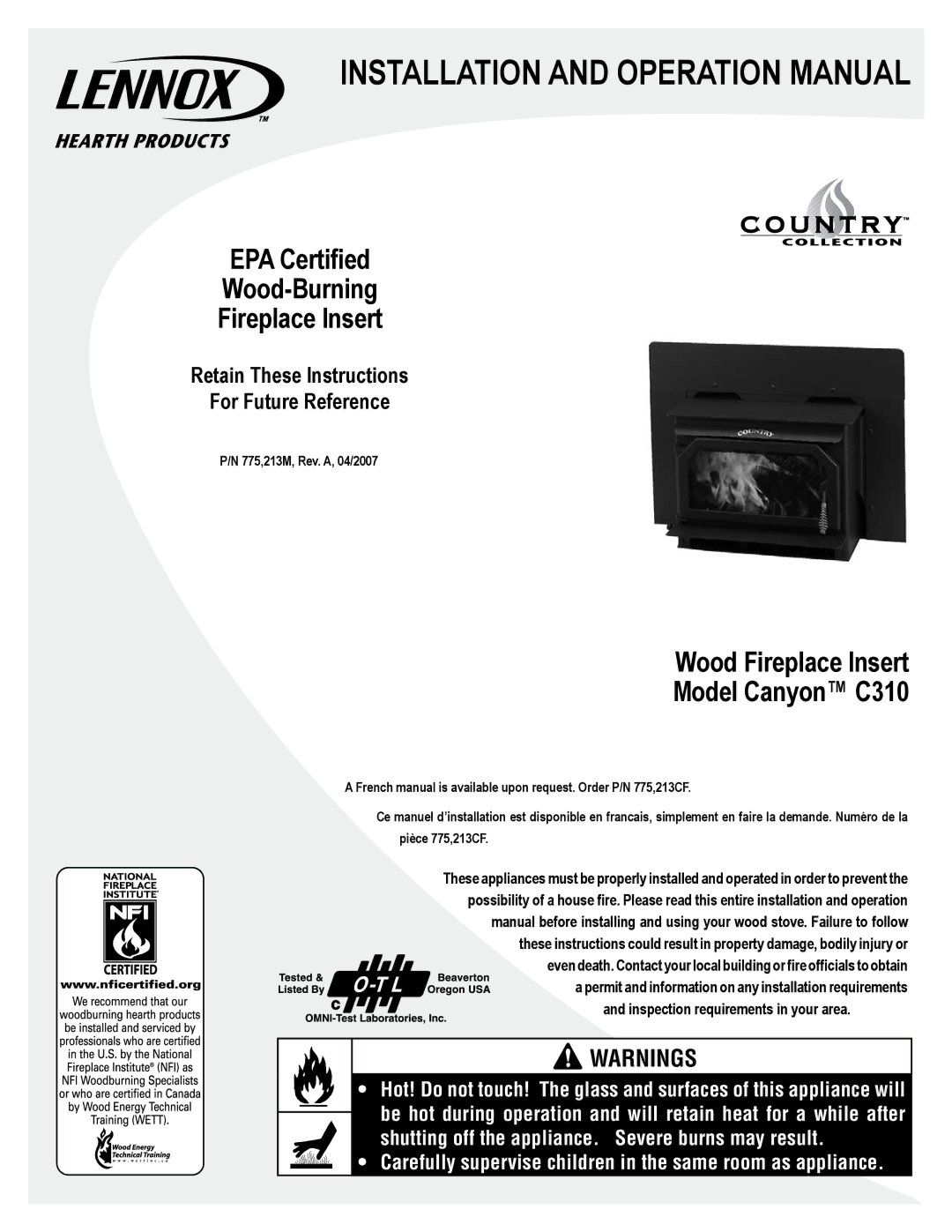 Maytag C310 operation manual EPA Certified Wood-Burning Fireplace Insert 