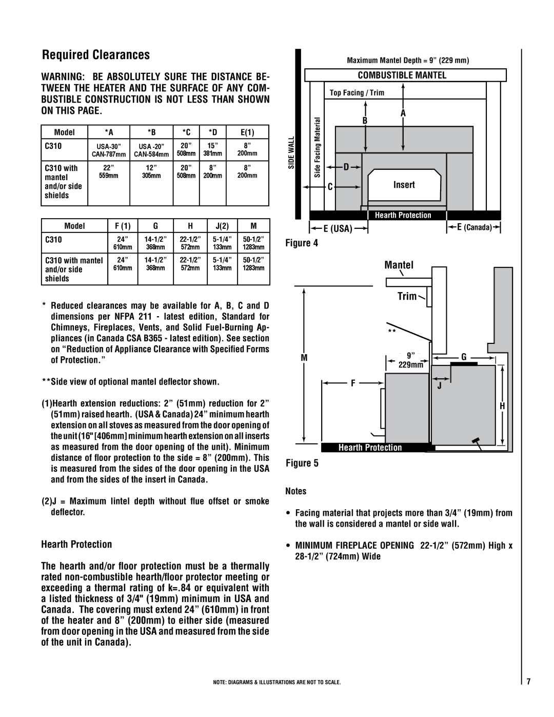 Maytag C310 operation manual Hearth Protection, Side view of optional mantel deflector shown 