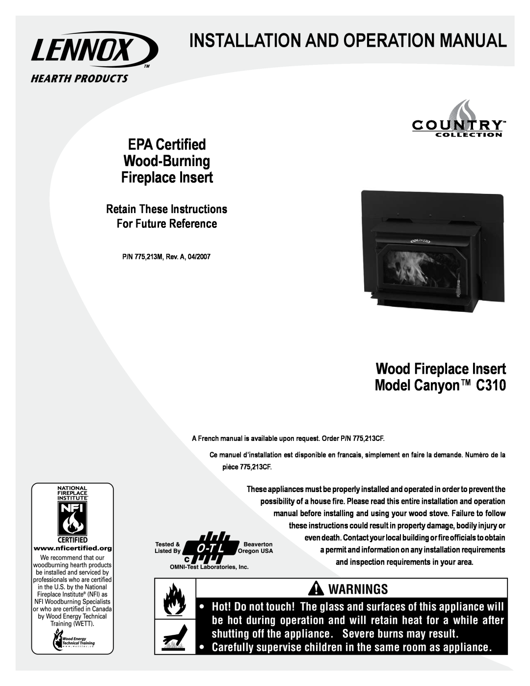 Maytag operation manual EPA Certified Wood-Burning Fireplace Insert, Wood Fireplace Insert Model Canyon C310, Warnings 