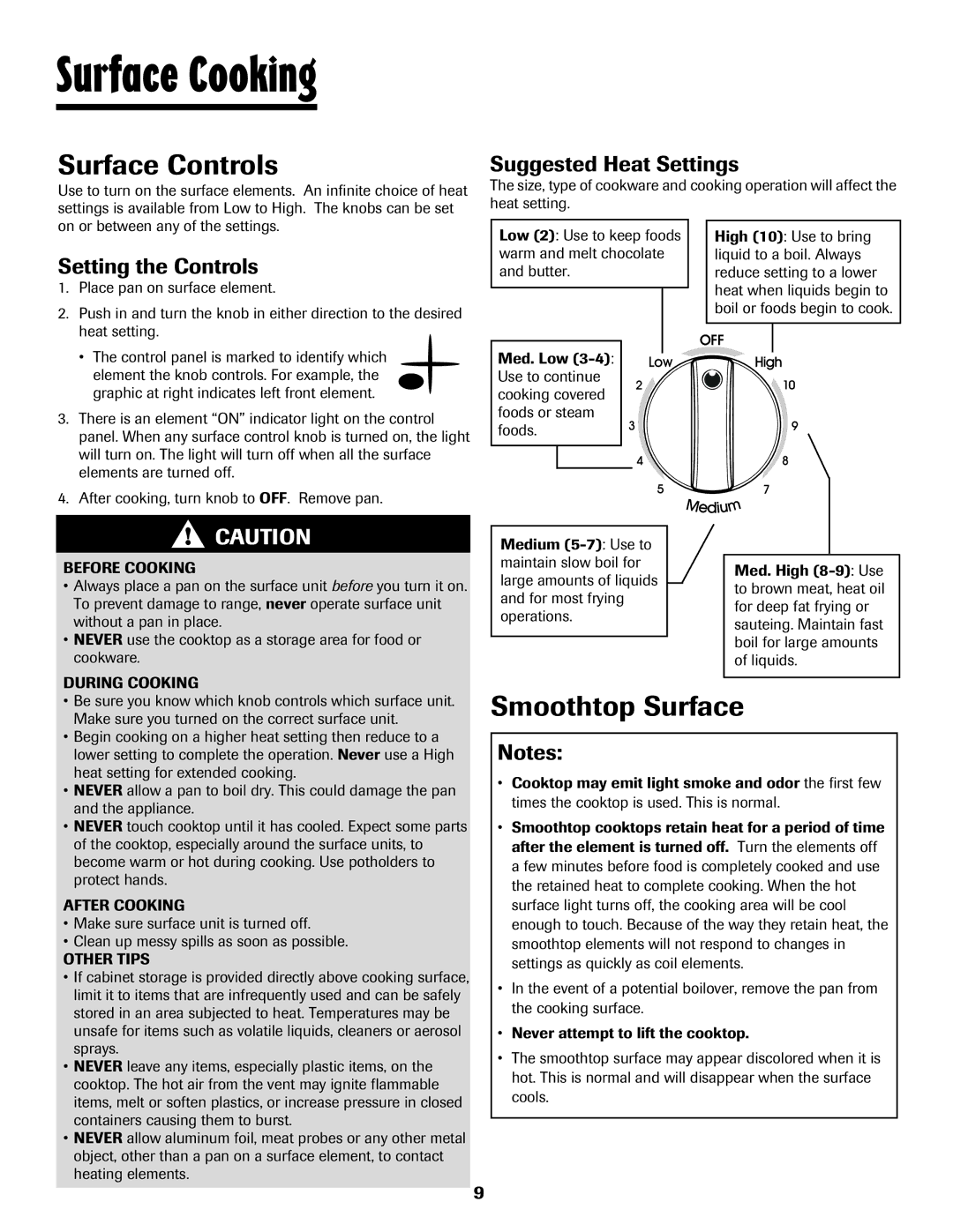 Maytag CER3725AGW Surface Cooking, Surface Controls, Smoothtop Surface, Suggested Heat Settings, Setting the Controls 