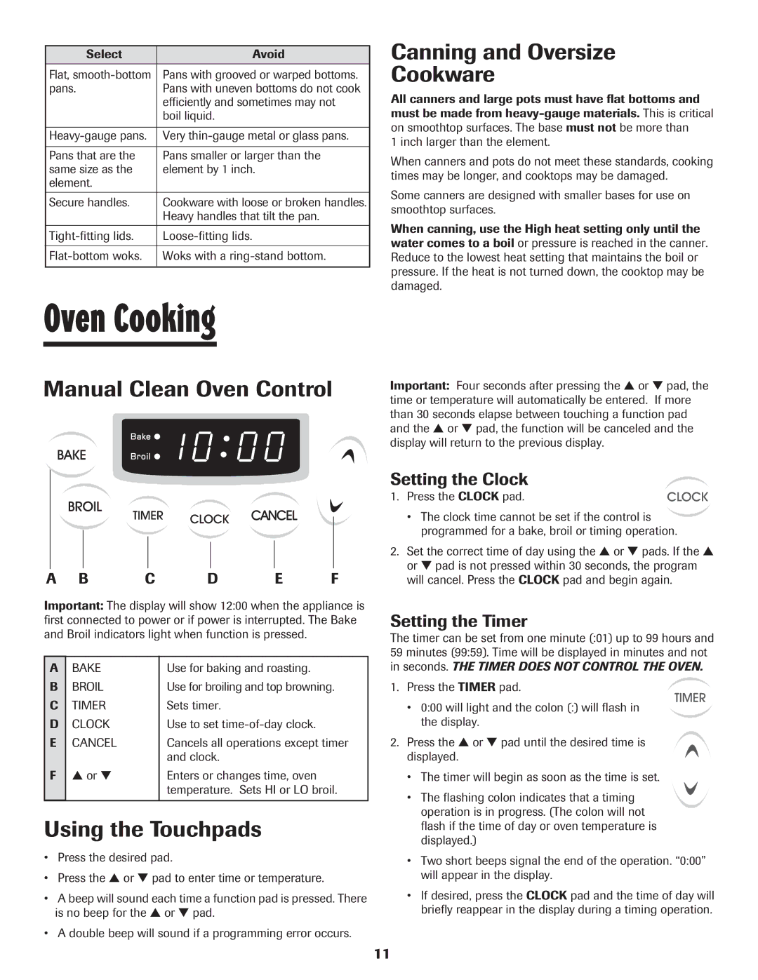 Maytag CER3725AGW Oven Cooking, Manual Clean Oven Control, Using the Touchpads, Canning and Oversize Cookware 