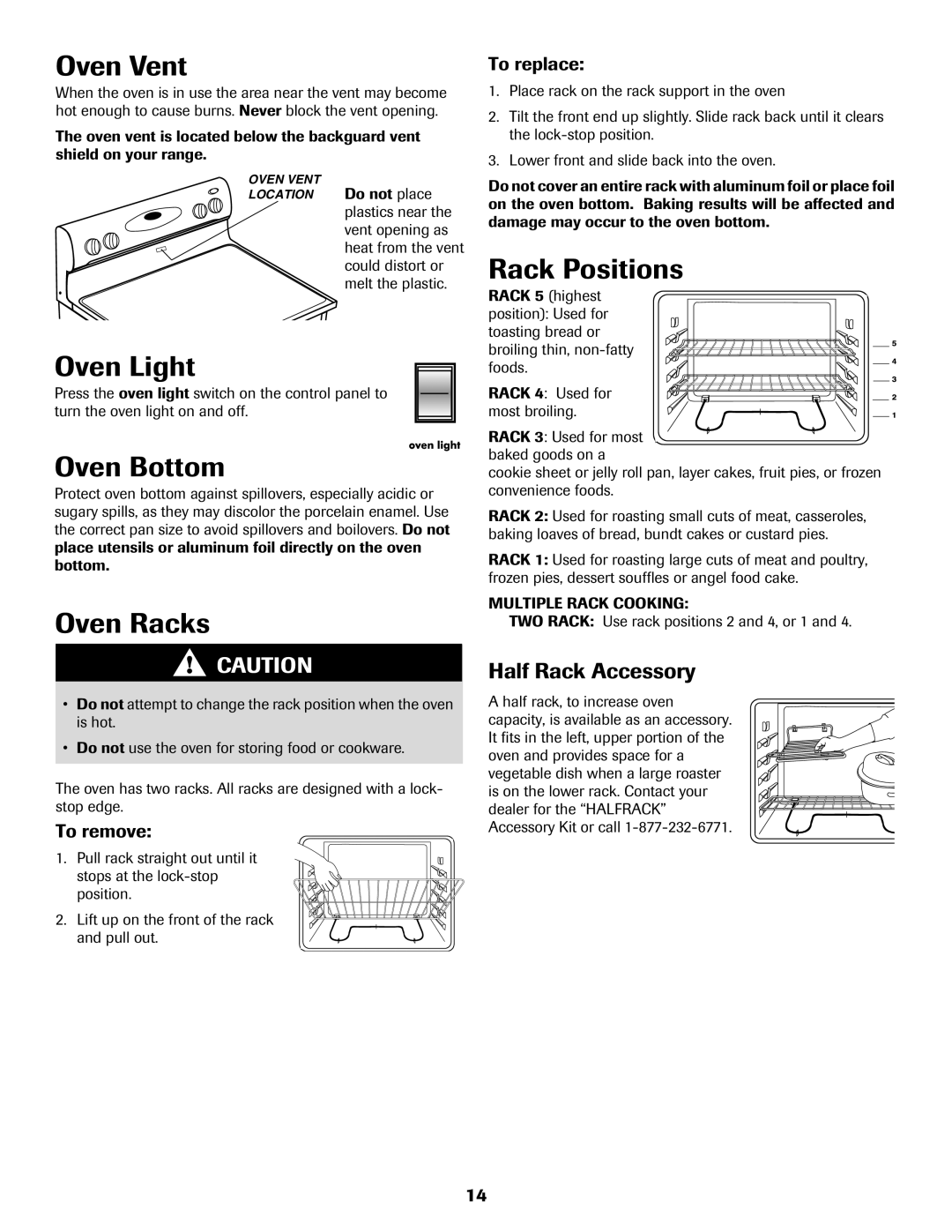 Maytag CER3725AGW important safety instructions Oven Vent, Oven Bottom, Oven Racks, Rack Positions, Half Rack Accessory 