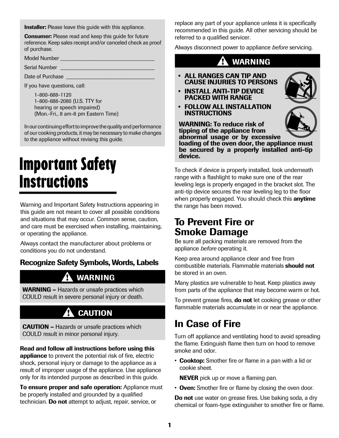 Maytag CER3725AGW Important Safety Instructions, To Prevent Fire or Smoke Damage, Case of Fire 