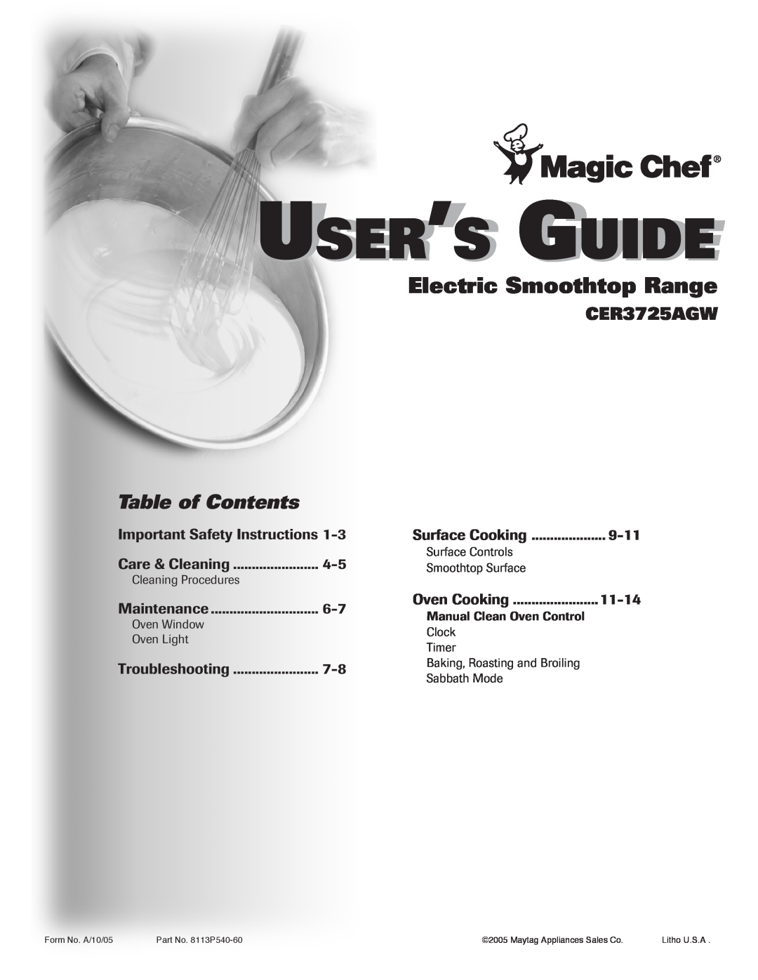 Maytag CER3725AGW important safety instructions User’S Guide, Electric Smoothtop Range, Table of Contents 