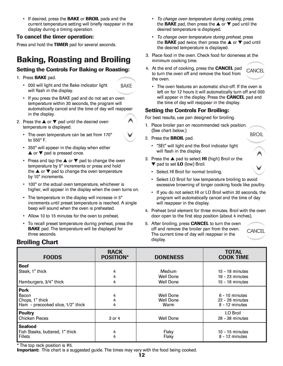Maytag CER3725AGW Baking, Roasting and Broiling, Broiling Chart, To cancel the timer operation, Rack, Total, Foods 