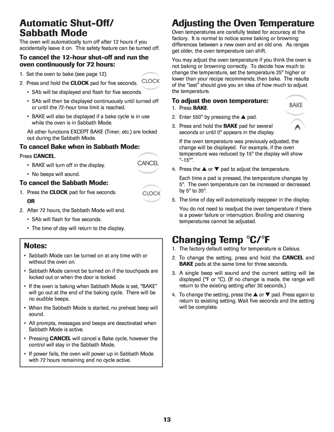 Maytag CER3725AGW Automatic Shut-Off Sabbath Mode, Adjusting the Oven Temperature, Changing Temp C/F 