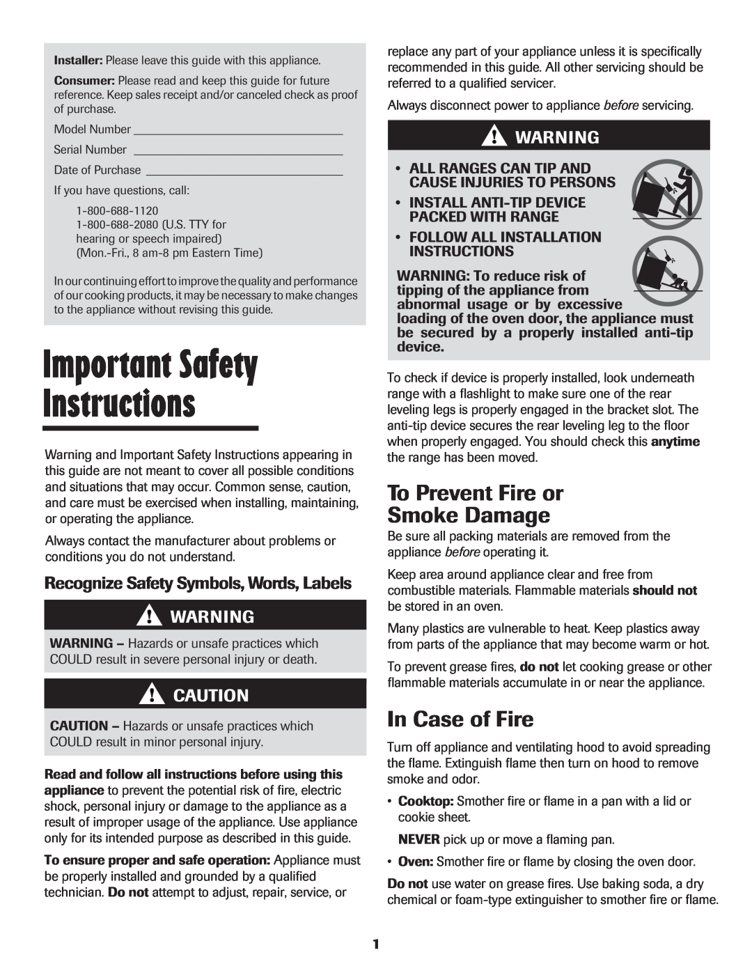 Maytag CER3725AGW Important Safety Instructions, To Prevent Fire or Smoke Damage, In Case of Fire 