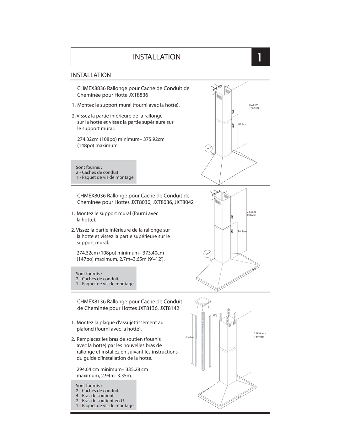 Maytag CHMEX8136, CHMEX8836, CHMEX8036 manual INSTALLATION1, Cm minimum- 335.28 cm maximum, 2.94m-3.35m 