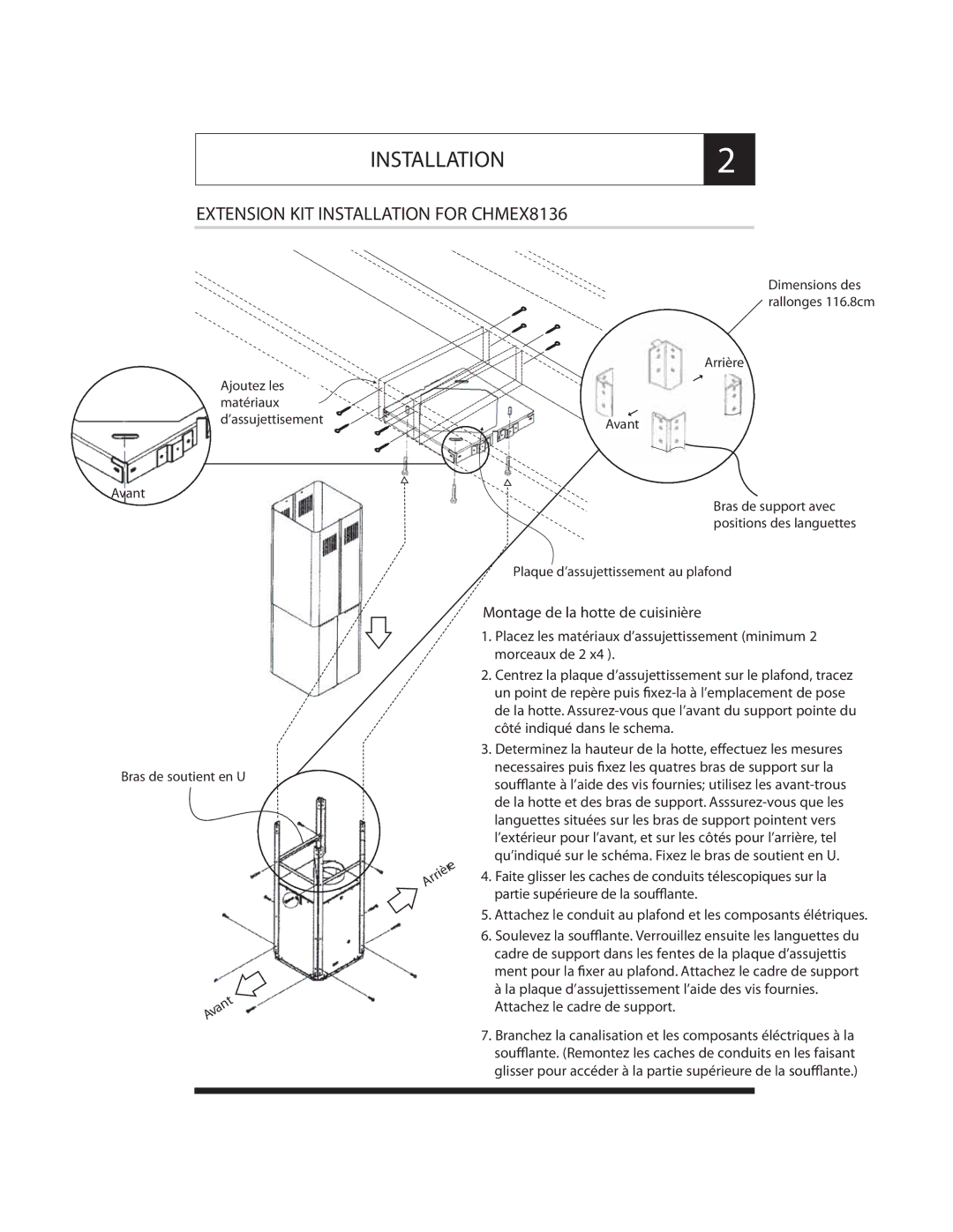 Maytag CHMEX8836, CHMEX8036, CHMEX8136 manual INSTALLATION2, Attachez le conduit au plafond et les composants élétriques 