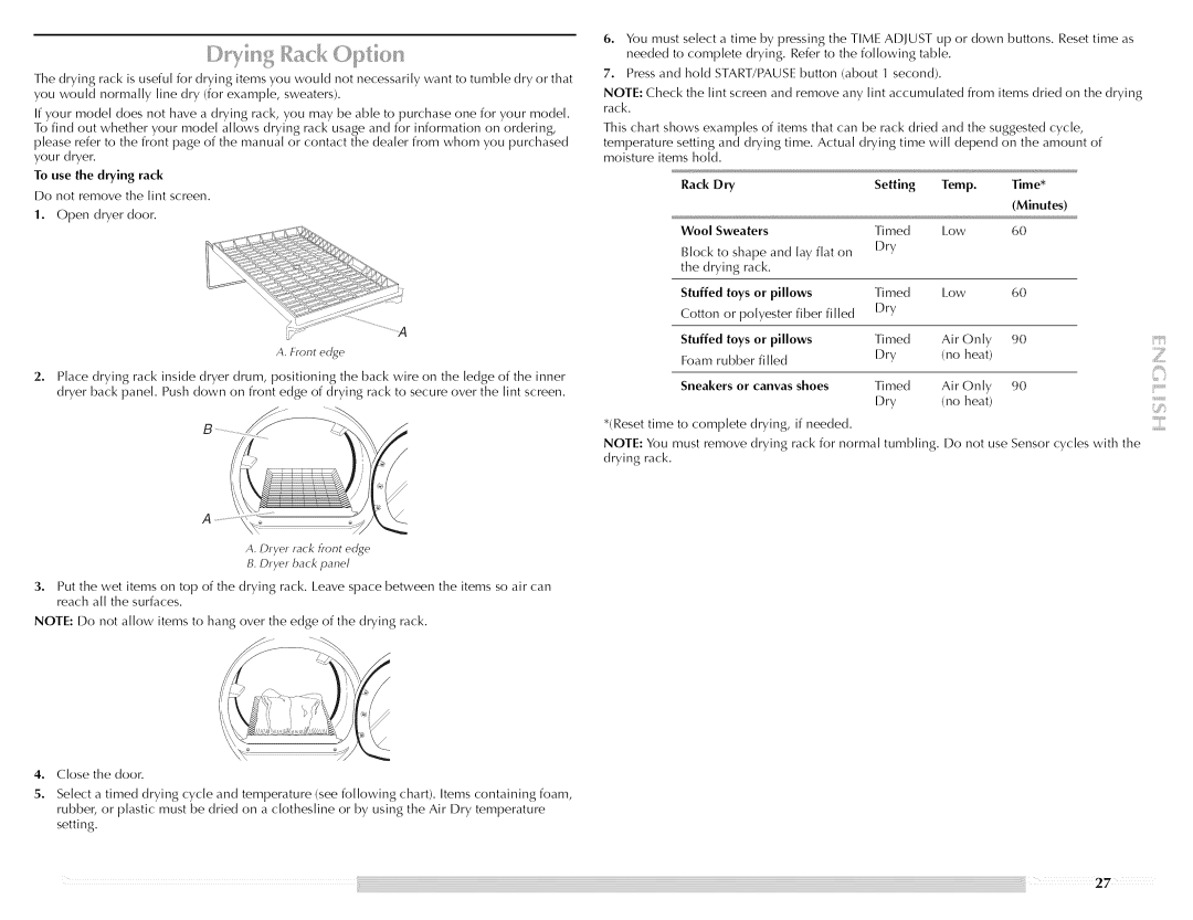 Maytag Clothes Dryer manual To use the drying rack, Rack Dry Setting Temp Time Minutes, Sweaters, Stuffed, Pillows 