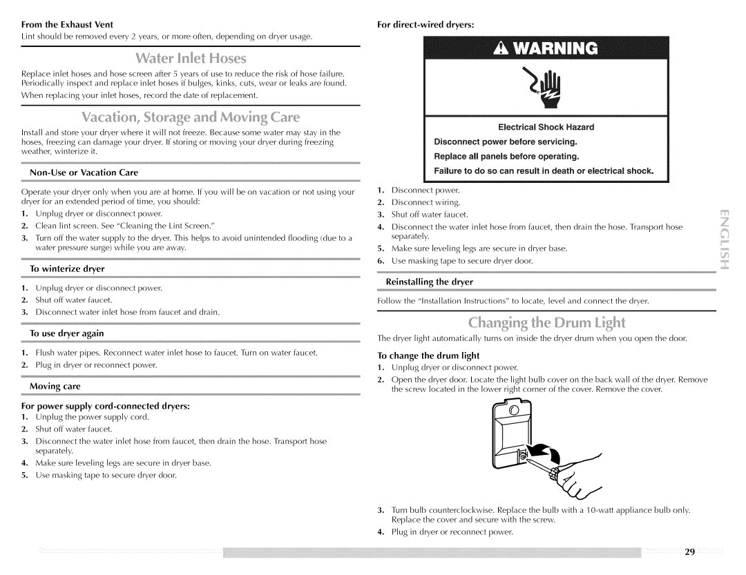 Maytag Clothes Dryer From the Exhaust Vent, Non-Use or Vacation Care, For direct-wired dryers, Reinstalling the dryer 