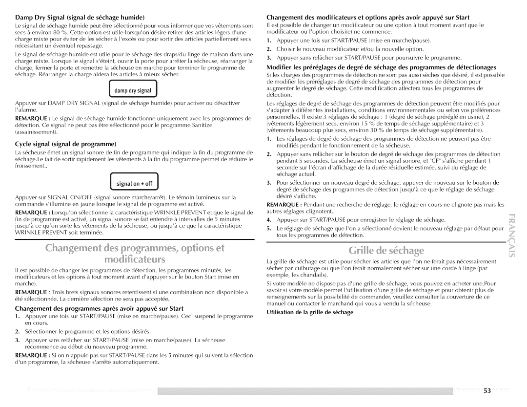 Maytag Clothes Dryer manual Signal On, off, Damp Dry Signal signal de schage humlde, WRINKI.E Prevent 