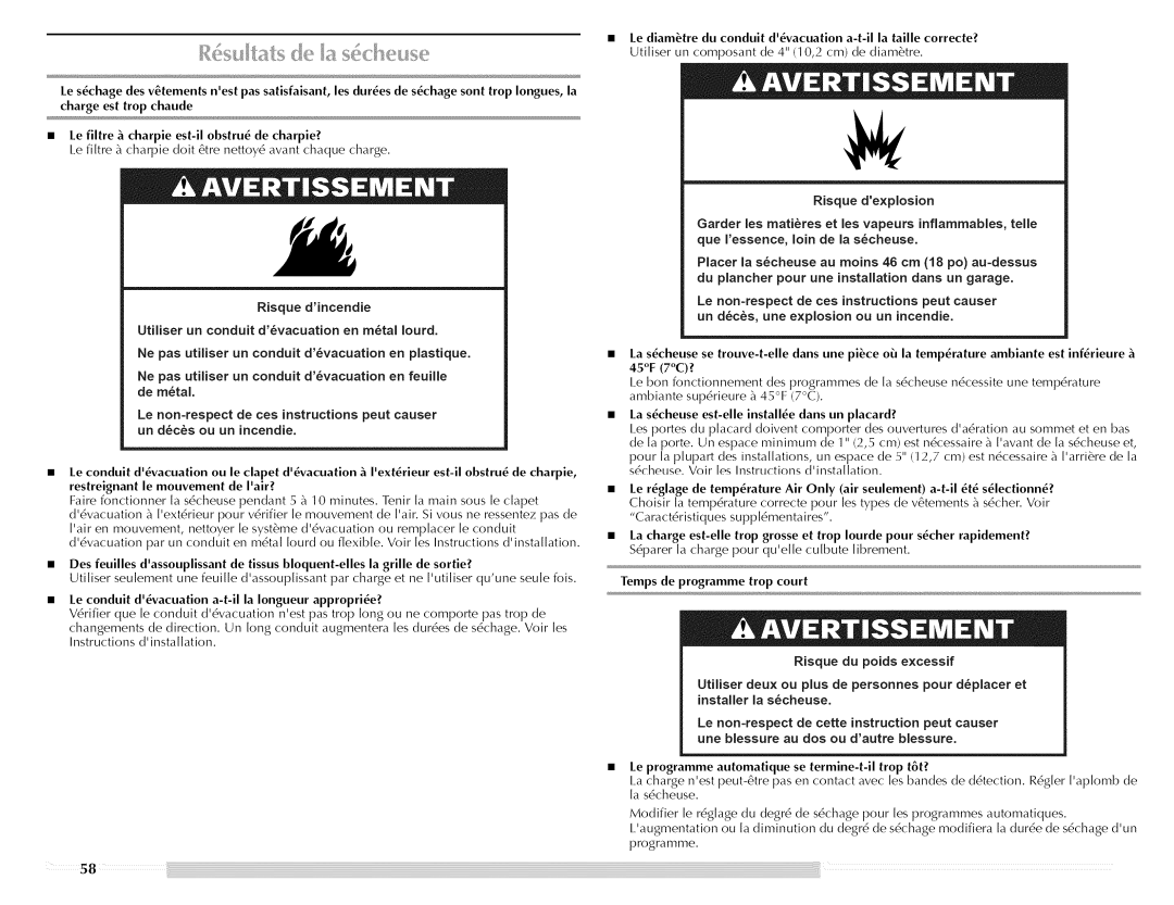 Maytag Clothes Dryer manual Le conduit dvacuation a-t-il la Iongueur approprie?, Temps de programme trop court 