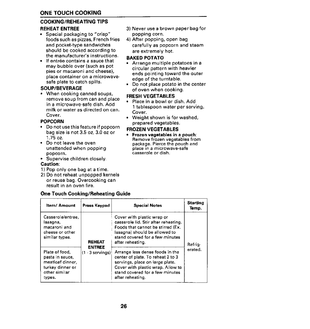 Maytag CMV1100AA manual ONE Touch Cooking COOKING/REHEATING Tips Reheat Entree, Baked Potato, Fresh Vegetables 