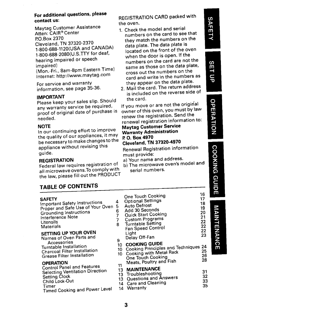 Maytag CMV1100AA manual For additional questions, please contact us, Safety, Cookingguide, Maintenance 