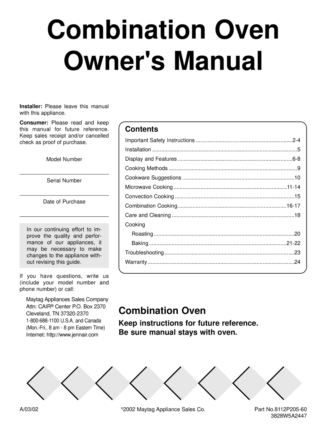 Maytag Combination Oven owner manual Contents 
