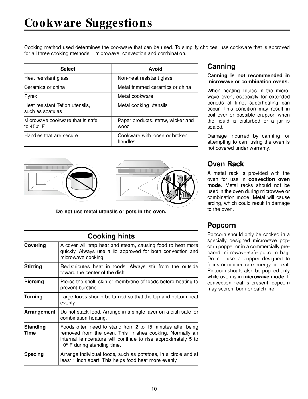 Maytag Combination Oven owner manual Cookware Suggestions, Canning, Cooking hints, Oven Rack, Popcorn 