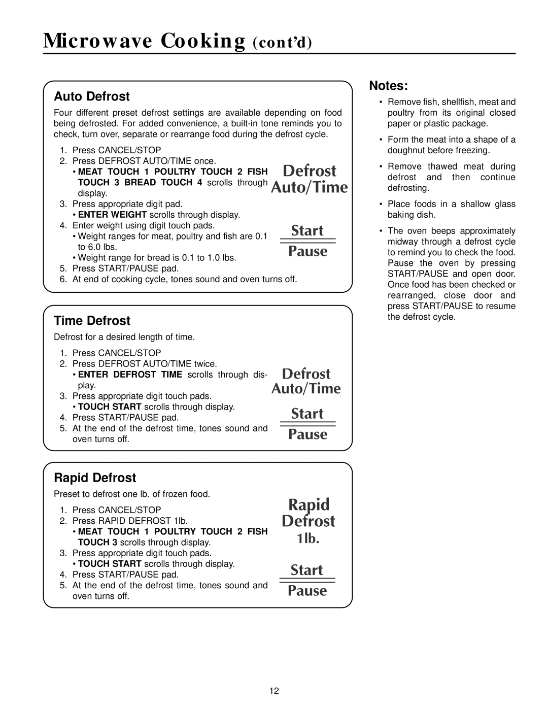 Maytag Combination Oven owner manual Microwave Cooking cont’d, Auto Defrost, Time Defrost, Rapid Defrost 