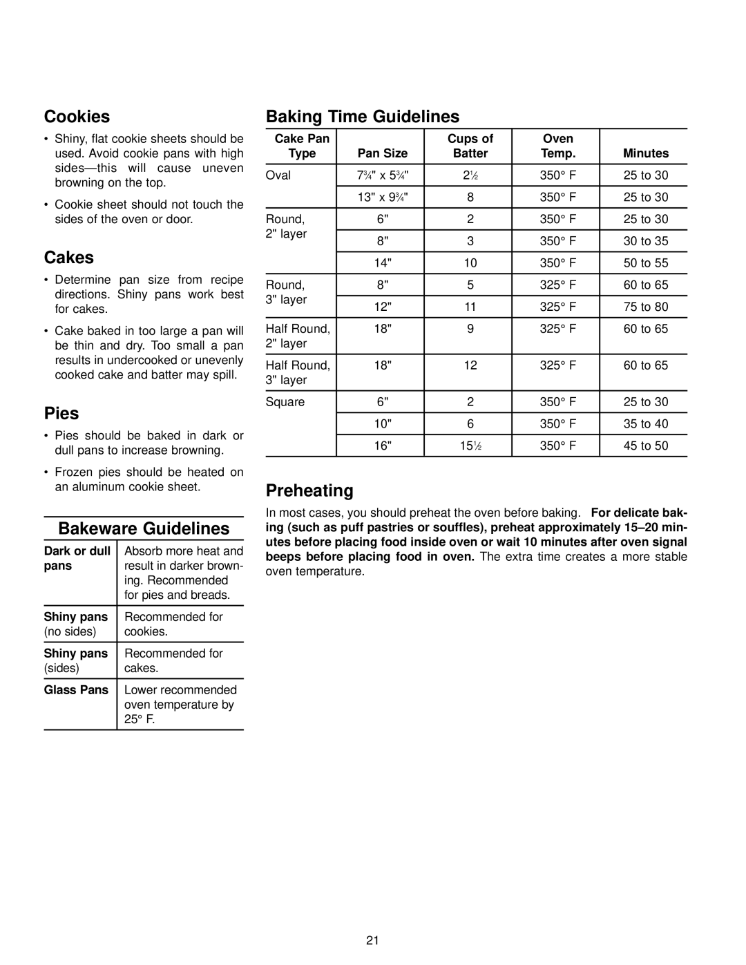 Maytag Combination Oven owner manual Cookies, Cakes, Pies, Bakeware Guidelines, Baking Time Guidelines, Preheating 