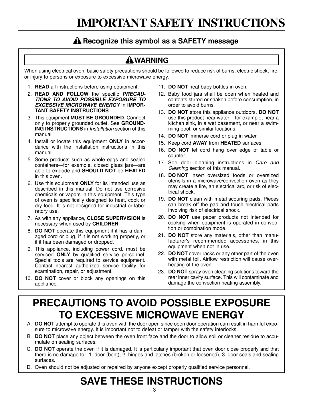 Maytag Combination Oven Recognize this symbol as a Safety message, Tant Safety Instructions, Should not Heated, Only 