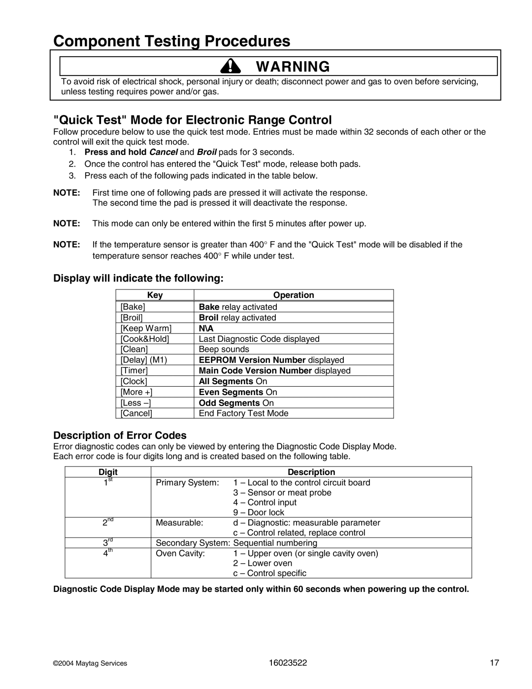 Maytag CGR1125ADQ/W, CPL1100ADH/L/Q/T/W, AGR5712ADB/Q/S/W, CPL1110ADH/L/T manual Quick Test Mode for Electronic Range Control 