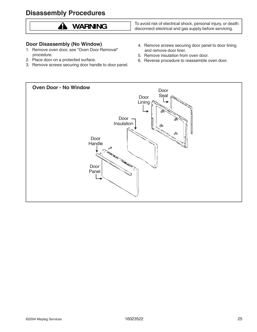 Maytag CGR1415ADH, CPL1100ADH/L/Q/T/W, AGR5712ADB/Q/S/W, CPL1110ADH/L/T manual Door Disassembly No Window, Oven Door No Window 