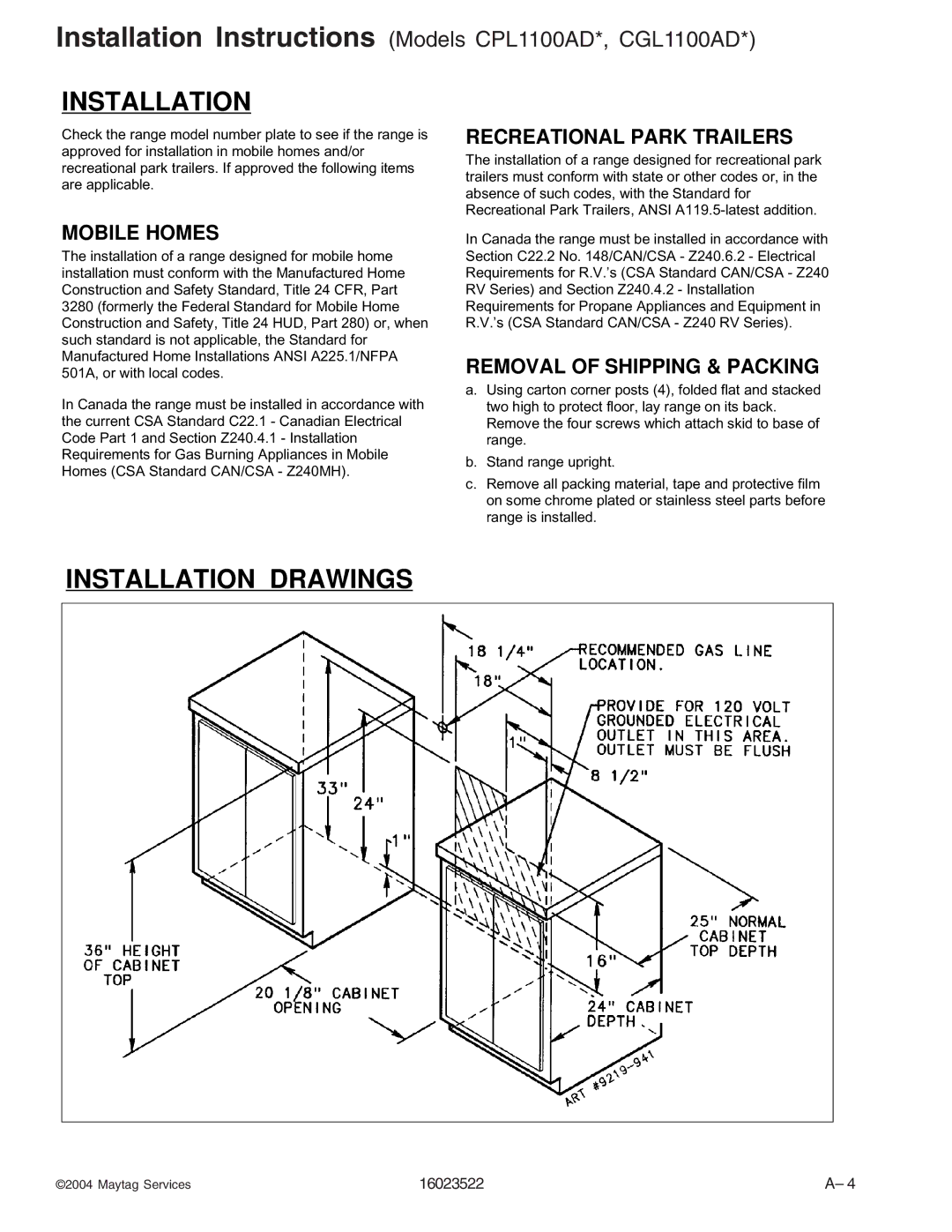 Maytag AGR4400ADW, CPL1100ADH/L/Q/T/W, AGR5712ADB/Q/S/W, CPL1110ADH/L/T, CGR1125ADQ/W, CG31600ADB/Q/V Installation Drawings 