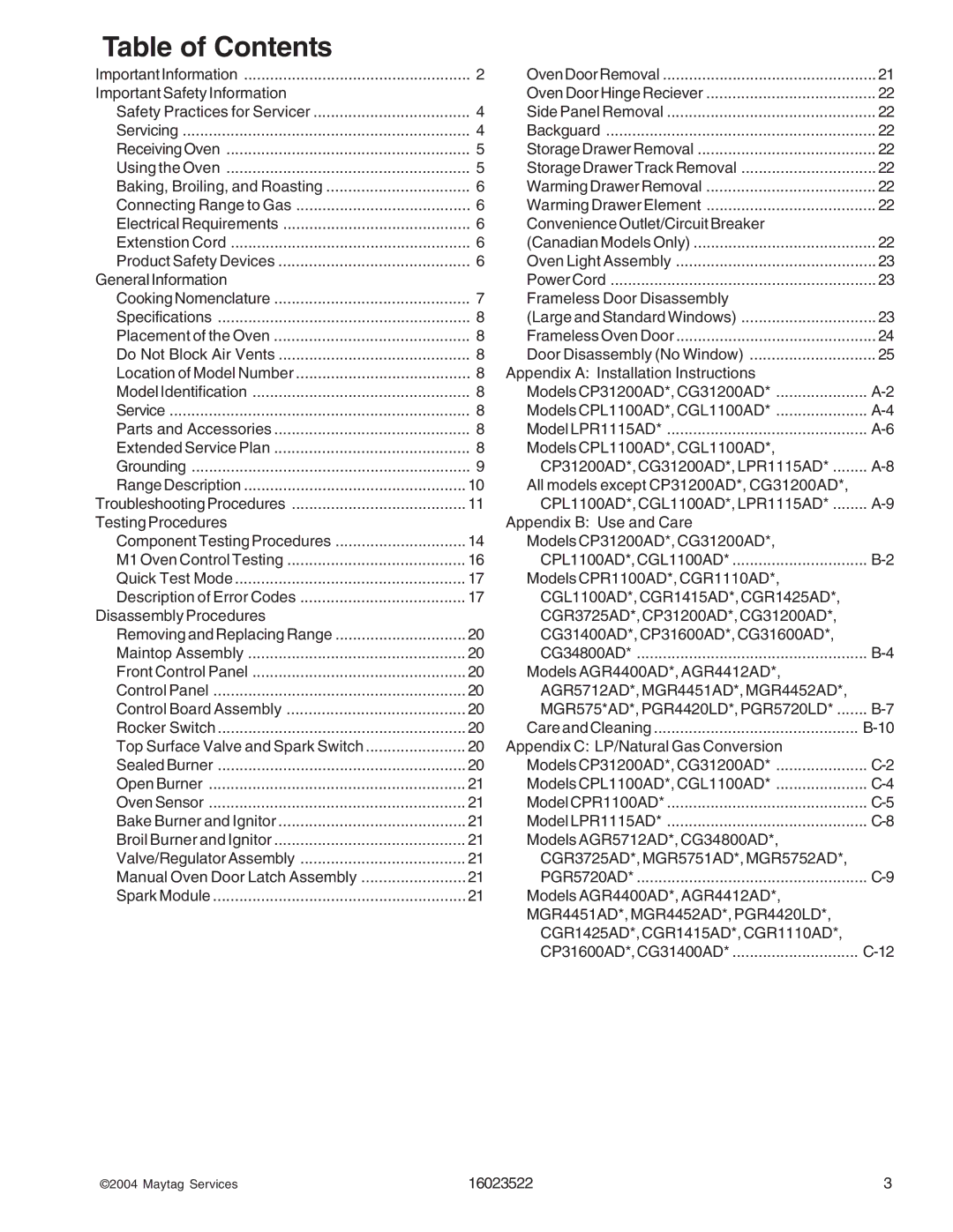 Maytag AGR4400ADW, CPL1100ADH/L/Q/T/W, AGR5712ADB/Q/S/W, CPL1110ADH/L/T, CGR1125ADQ/W, CG31600ADB/Q/V manual Table of Contents 