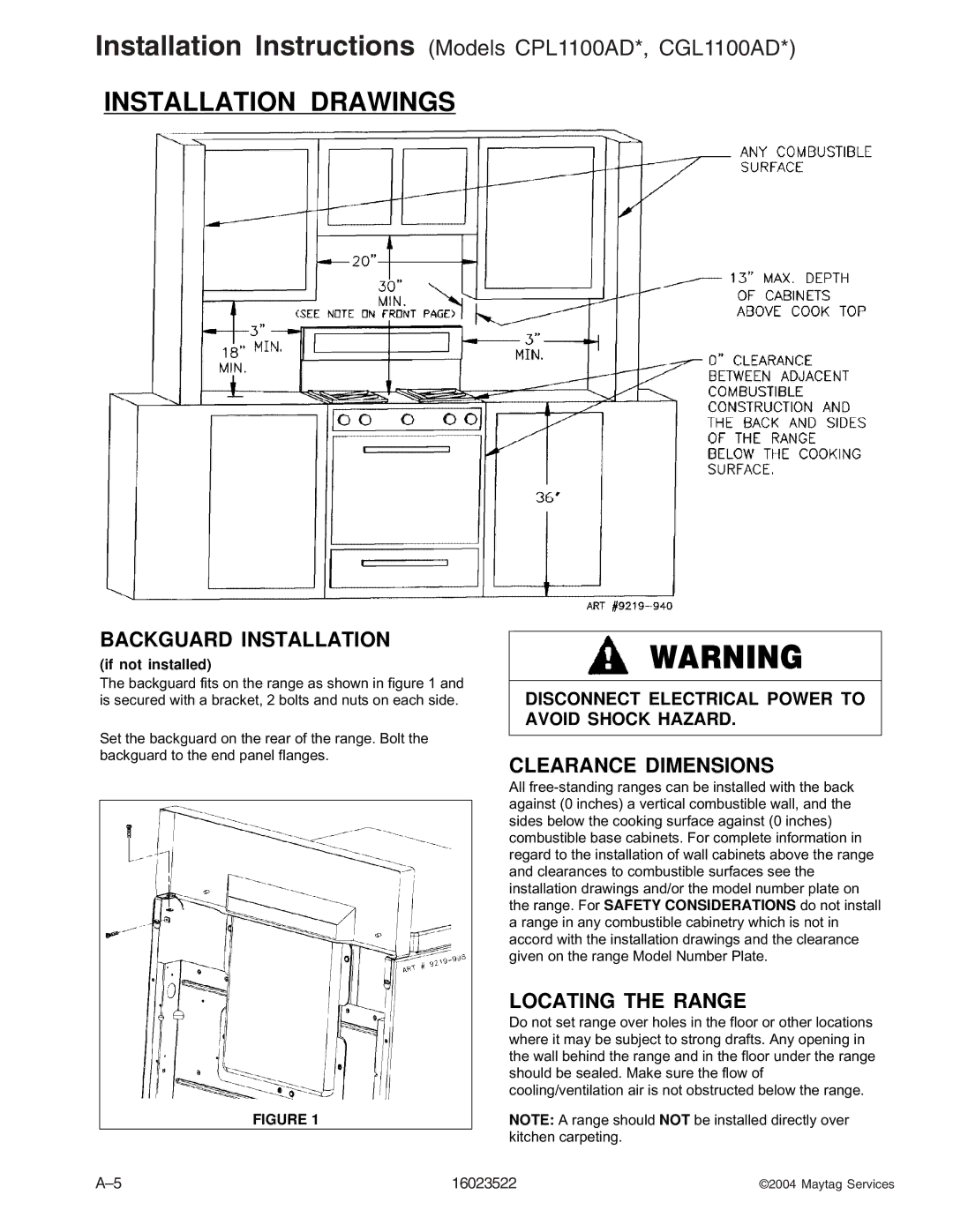 Maytag CGR1125ADQ/W, CPL1100ADH/L/Q/T/W, AGR5712ADB/Q/S/W, CPL1110ADH/L/T, AGR4400ADW, CG31600ADB/Q/V Installation Drawings 