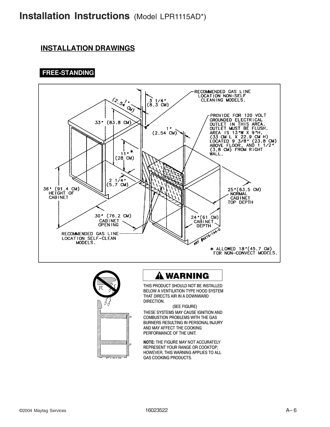 Maytag CG31600ADB/Q/V, CPL1100ADH/L/Q/T/W, AGR5712ADB/Q/S/W, CPL1110ADH/L/T manual Installation Instructions Model LPR1115AD 