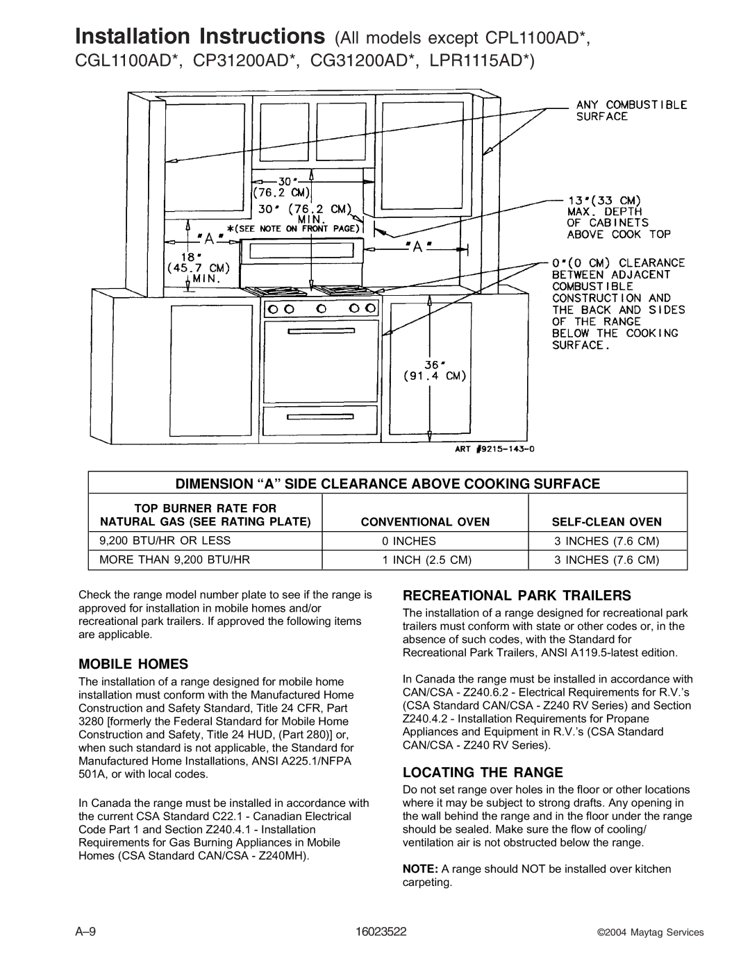 Maytag CPR1100ADQ/W, CPL1100ADH/L/Q/T/W, AGR5712ADB/Q/S/W, CPL1110ADH/L/T, AGR4400ADW, CGR1125ADQ/W 200 BTU/HR or Less Inches 