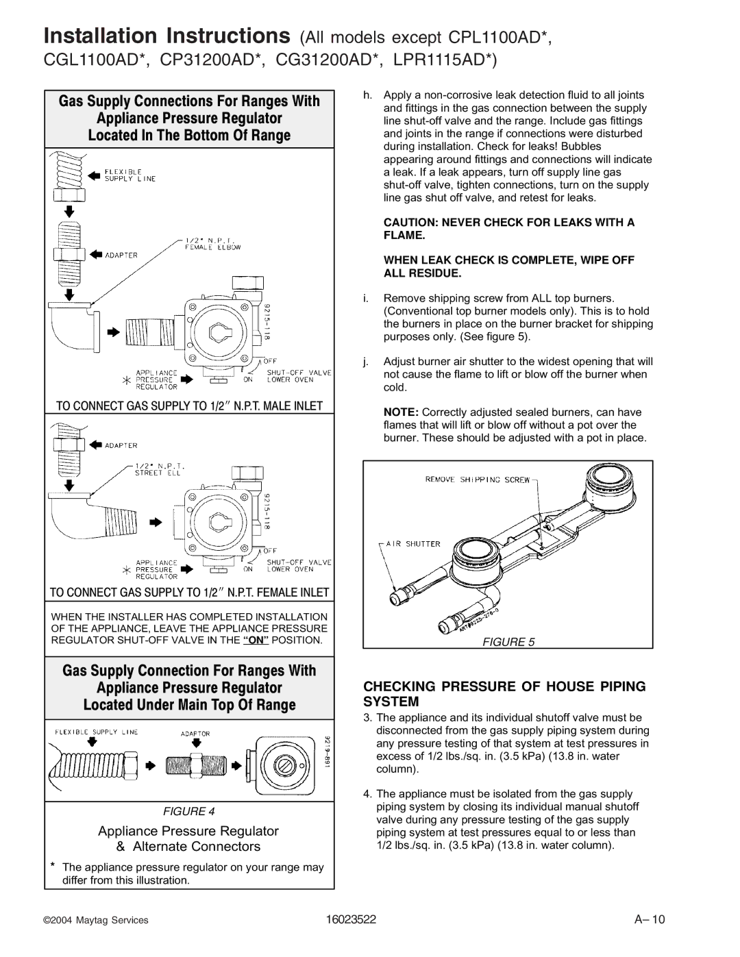 Maytag CGL1100ADQ/W, CPL1100ADH/L/Q/T/W, AGR5712ADB/Q/S/W, CPL1110ADH/L/T Appliance Pressure Regulator Alternate Connectors 