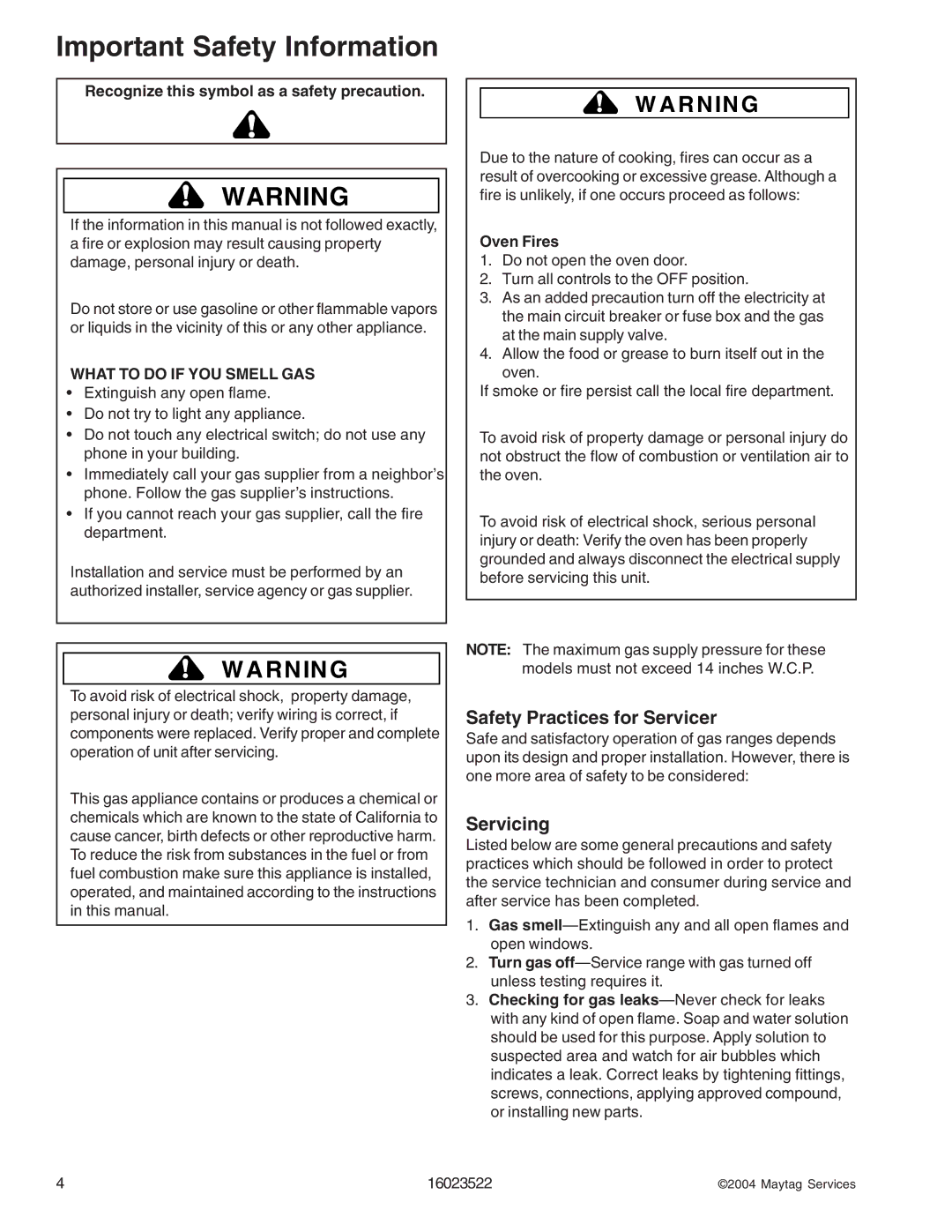 Maytag CGR1125ADQ/W, CPL1100ADH/L/Q/T/W, AGR5712ADB/Q/S/W, CPL1110ADH/L/T manual Safety Practices for Servicer, Servicing 