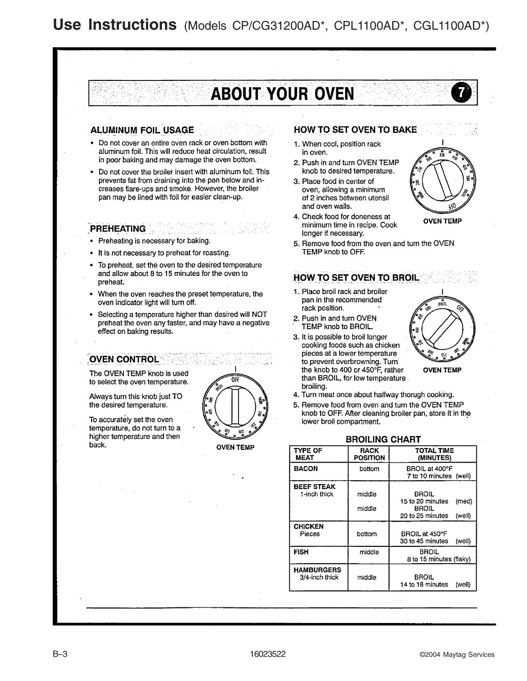 Maytag AGR5712ADB/Q/S/W, CPL1100ADH/L/Q/T/W, CPL1110ADH/L/T Use Instructions Models CP/CG31200AD*, CPL1100AD*, CGL1100AD 