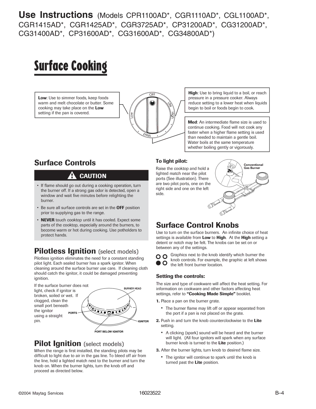 Maytag CPL1110ADH/L/T, CPL1100ADH/L/Q/T/W, AGR5712ADB/Q/S/W, AGR4400ADW, CGR1125ADQ/W, CG31600ADB/Q/V manual Surface Cooking 