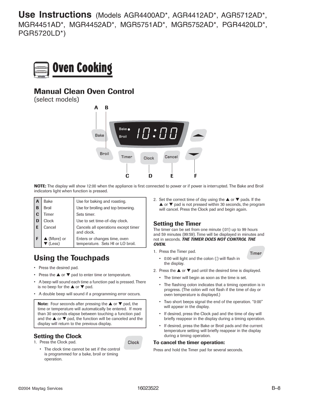 Maytag CG31400ADW, CPL1100ADH/L/Q/T/W, AGR5712ADB/Q/S/W, CPL1110ADH/L/T, AGR4400ADW, CGR1125ADQ/W, CG31600ADB/Q/V manual E F 