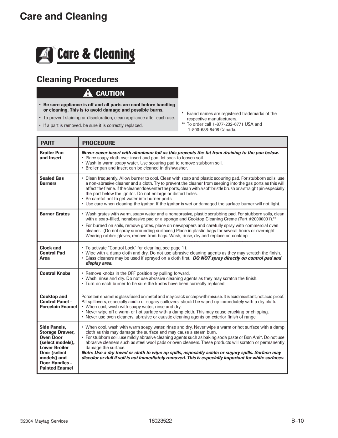 Maytag CPR1100ADQ/W, CPL1100ADH/L/Q/T/W, AGR5712ADB/Q/S/W, CPL1110ADH/L/T, AGR4400ADW, CGR1125ADQ/W, CG31400ADW Care & Cleaning 