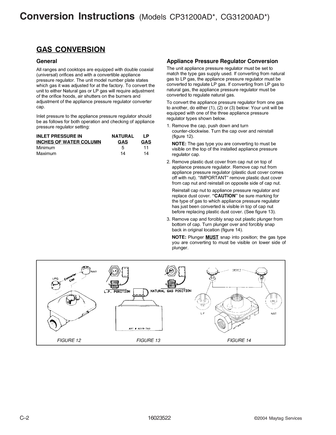 Maytag AGR4412ADB/Q/S/W, CPL1100ADH/L/Q/T/W, AGR5712ADB/Q/S/W manual Conversion Instructions Models CP31200AD*, CG31200AD 