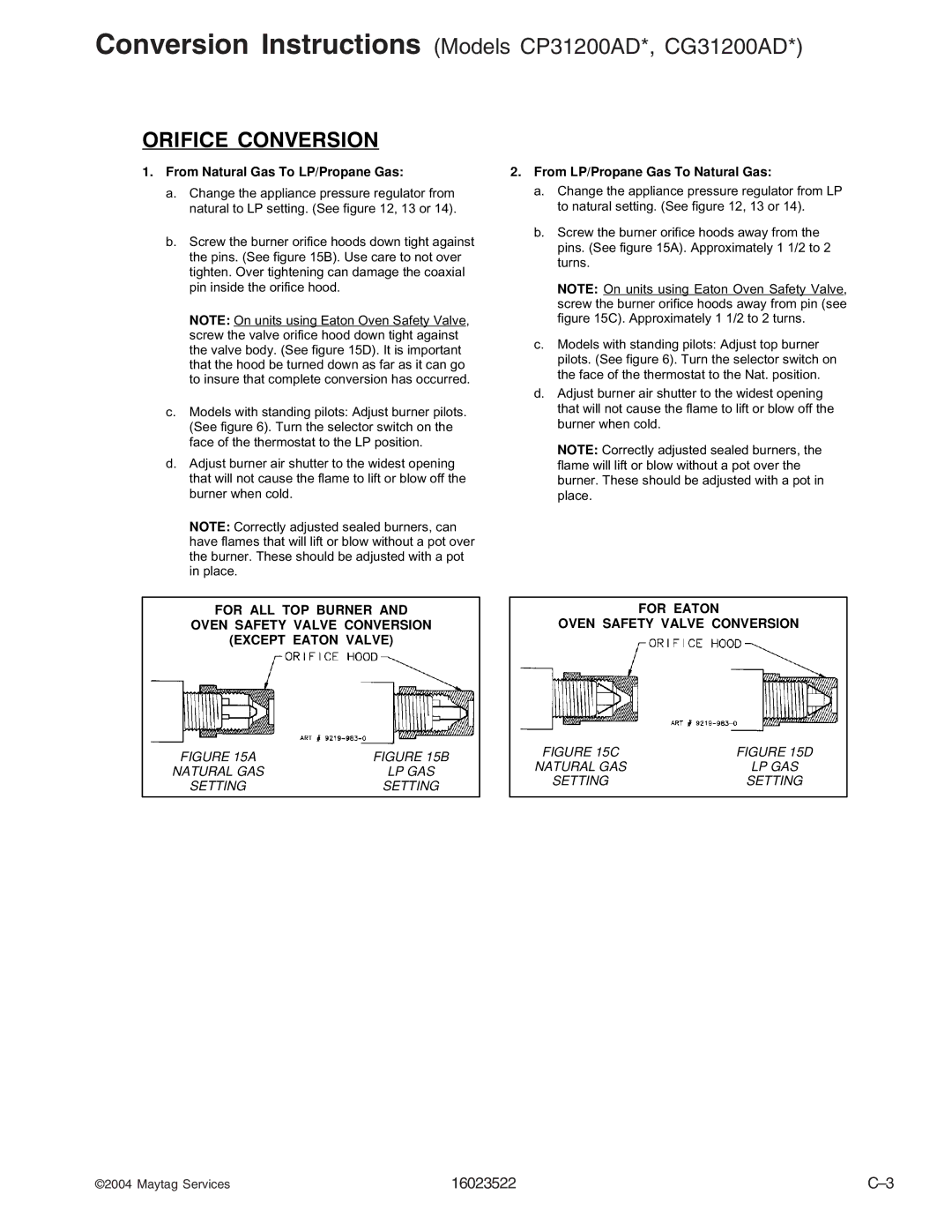 Maytag CGR1415ADH, CPL1100ADH/L/Q/T/W, AGR5712ADB/Q/S/W, CPL1110ADH/L/T Conversion Instructions Models CP31200AD*, CG31200AD 