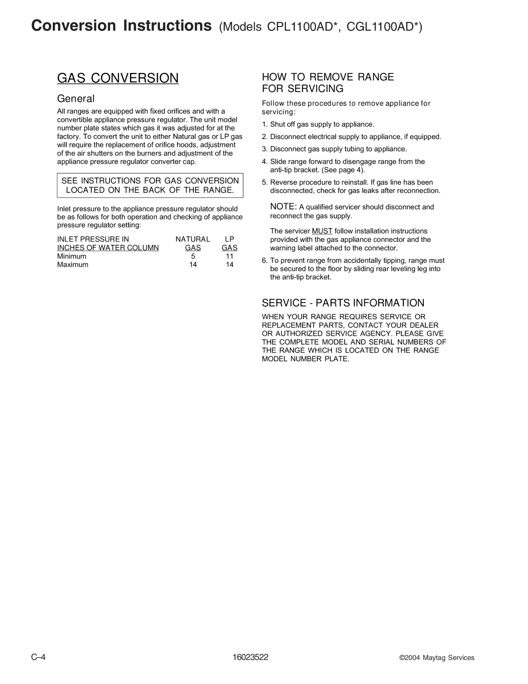 Maytag CPL1100ADH/L/Q/T/W, AGR5712ADB/Q/S/W, CPL1110ADH/L/T, AGR4400ADW, CGR1125ADQ/W, CG31600ADB/Q/V manual GAS Conversion 