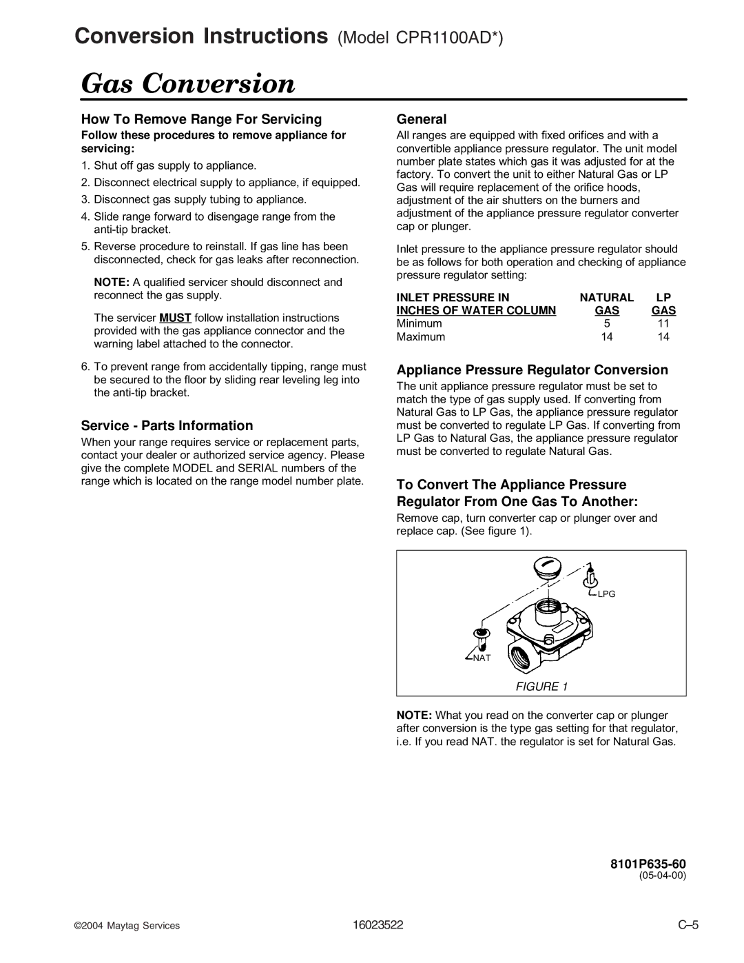 Maytag AGR5712ADB/Q/S/W, CPL1100ADH/L/Q/T/W, CPL1110ADH/L/T, AGR4400ADW, CGR1125ADQ/W, CG31600ADB/Q/V manual Gas Conversion 