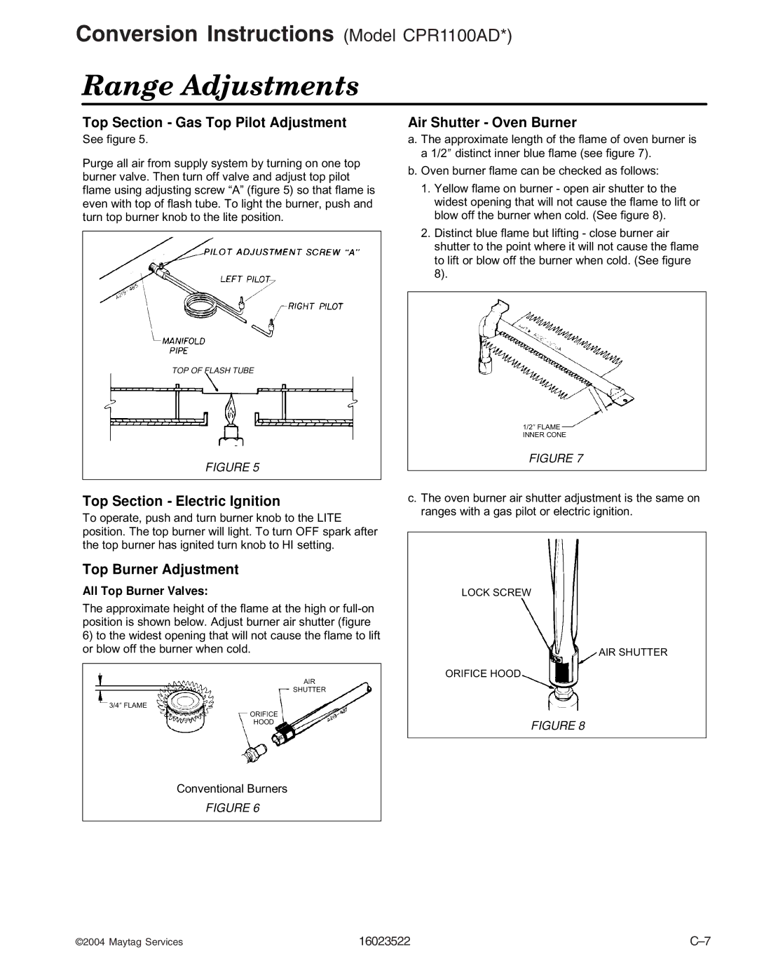 Maytag AGR4400ADW, CPL1100ADH/L/Q/T/W, AGR5712ADB/Q/S/W, CPL1110ADH/L/T, CGR1125ADQ/W, CG31600ADB/Q/V manual Range Adjustments 