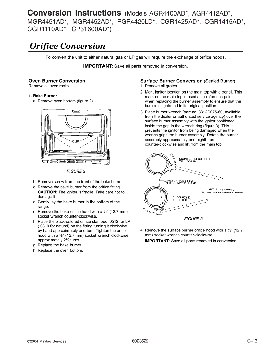 Maytag CGL1100ADQ/W, CPL1100ADH/L/Q/T/W, AGR5712ADB/Q/S/W, CPL1110ADH/L/T, AGR4400ADW, CGR1125ADQ/W manual Orifice Conversion 