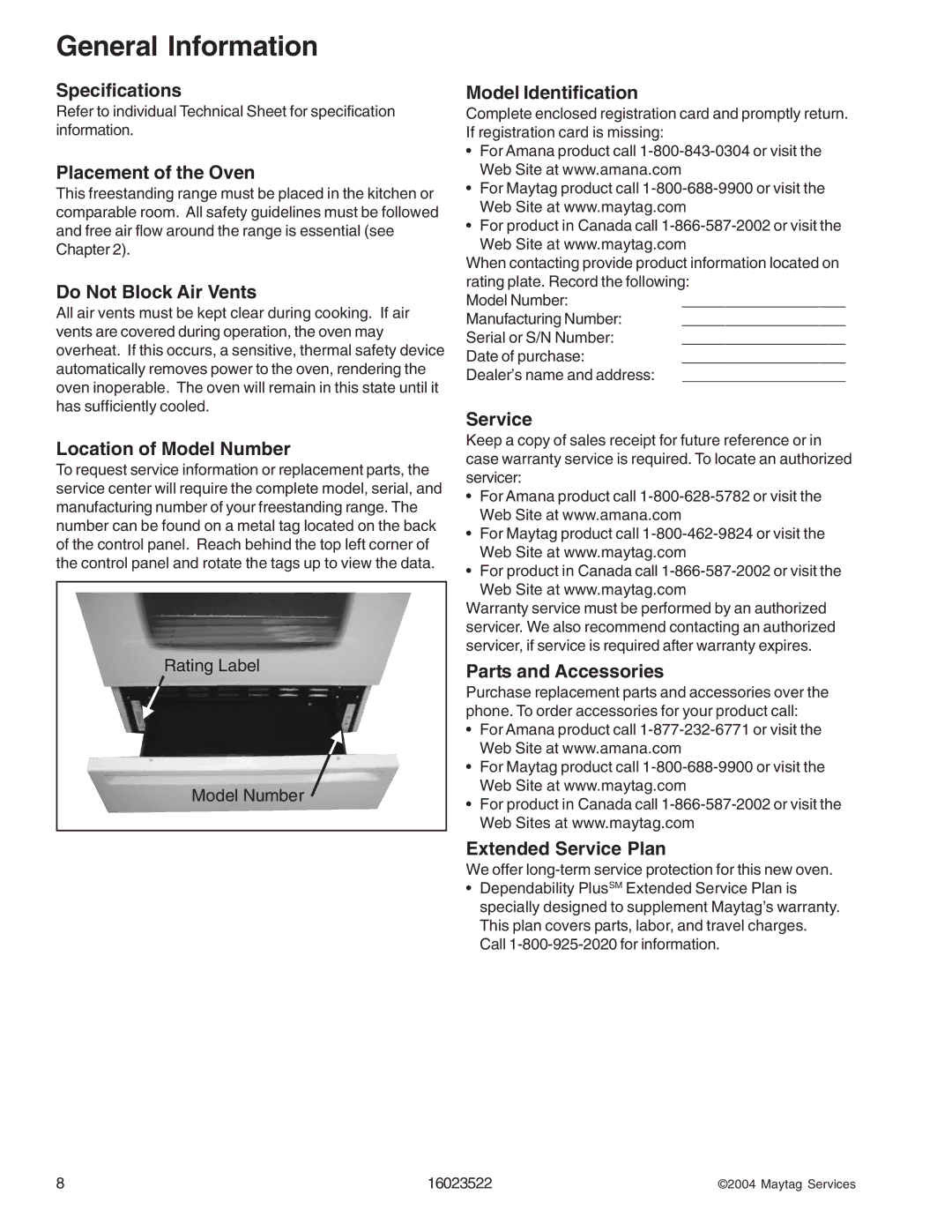 Maytag CPR1100ADQ/W manual Specifications, Placement of the Oven, Do Not Block Air Vents, Location of Model Number, Service 