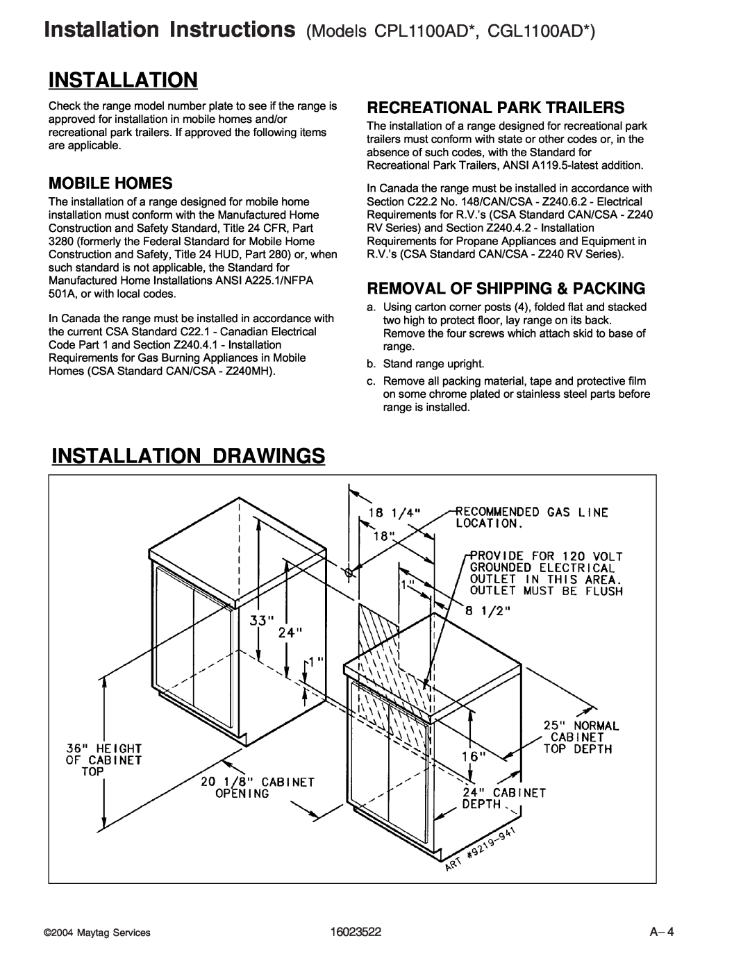 Maytag AGR4400ADW manual Installation Drawings, Installation Instructions Models CPL1100AD*, CGL1100AD, Mobile Homes 